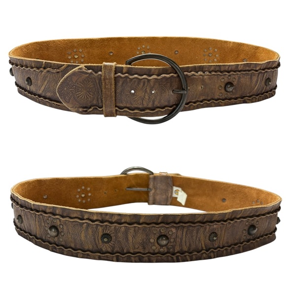 Fossil Brown Geuine Leather Boho Studded Paisley Printed Wide Waist Belt Large